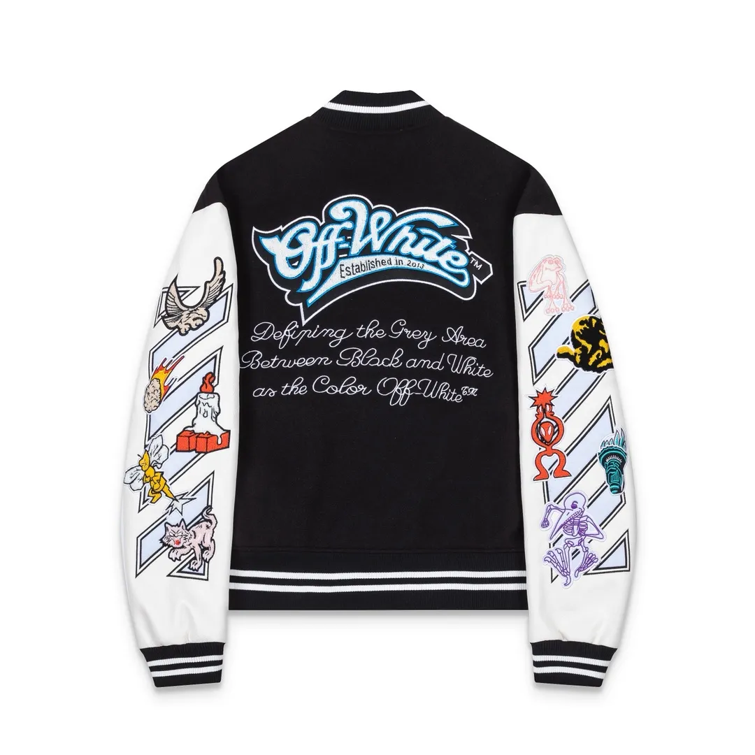 S22#P656, offwhite heavy-duty embroidered leather baseball jacket. The body is made of woolen fabric. Couple's jacket. Black size: S M L XL
